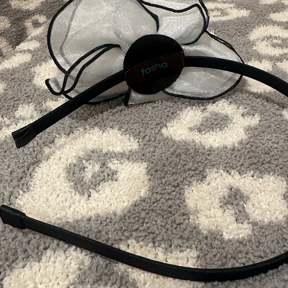 Tasha Black Band with Elegant Sheer White Flower with Clear Rhinestone Headband - Picture 16 of 17